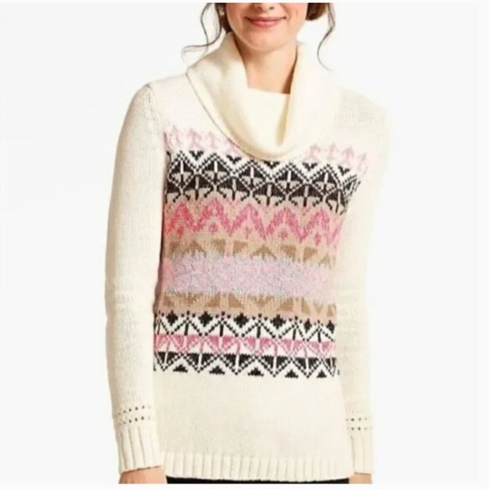 TALBOTS Fair Isle cowl neck sweater, cream  pink print, sz Large, cotton blend